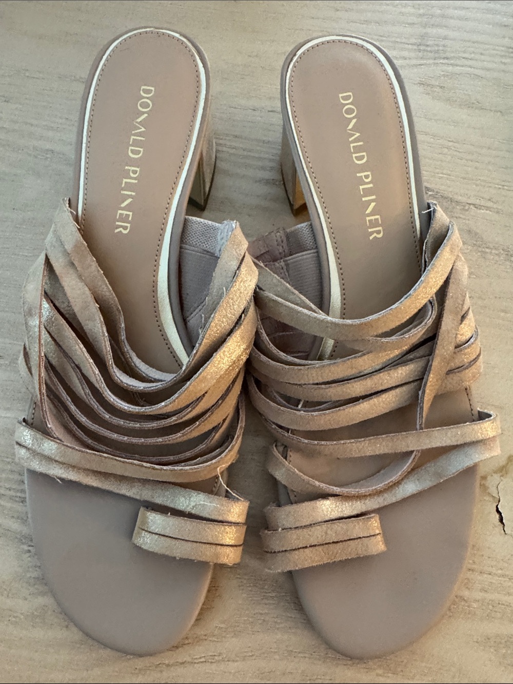 Donald J. Pliner Nude/Taupe Strappy Block Heel Mules 💛